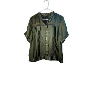 Lane Bryant Olive Green Button Down Short Sleeve Lace Detail Blouse Top SZ 18/20